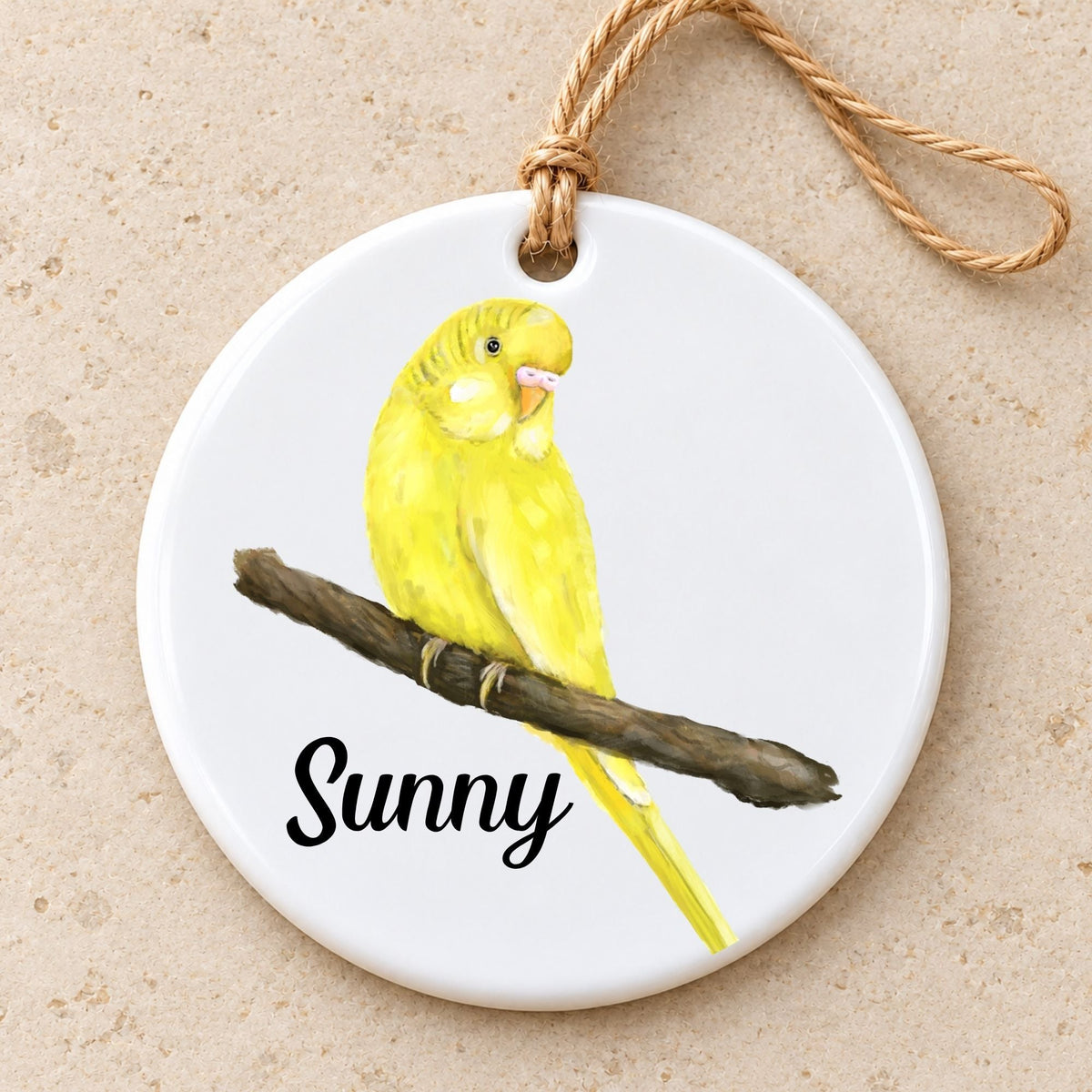 Yellow Budgie on Branch Ceramic Ornament - MerikaArt