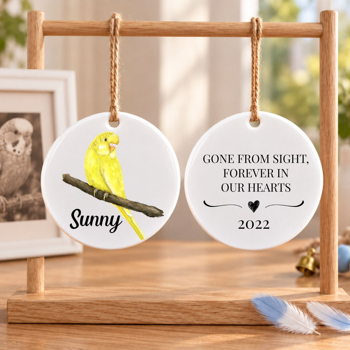 Yellow Budgie on Branch Ceramic Ornament - MerikaArt