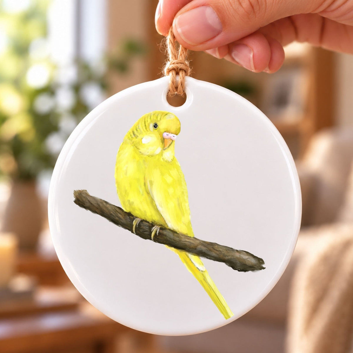 Yellow Budgie on Branch Ceramic Ornament - MerikaArt