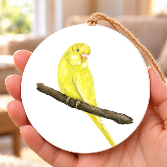 Yellow Budgie on Branch Ceramic Ornament - MerikaArt