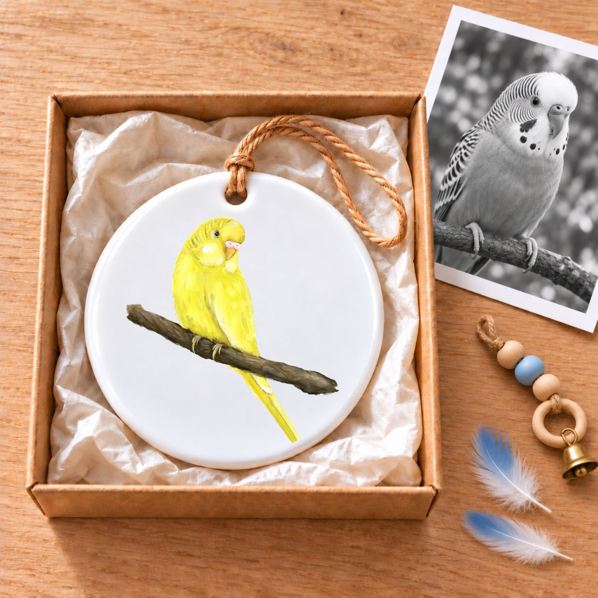 Yellow Budgie on Branch Ceramic Ornament - MerikaArt
