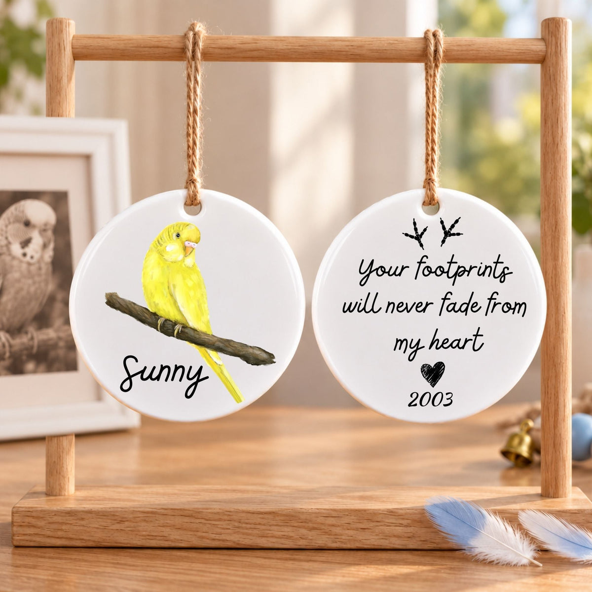 Yellow Budgie on Branch Ceramic Ornament - MerikaArt