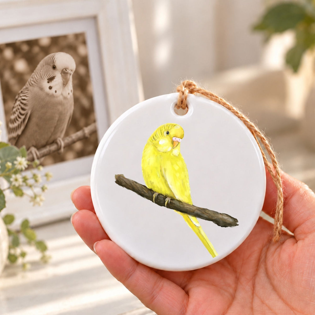 Yellow Budgie on Branch Ceramic Ornament - MerikaArt