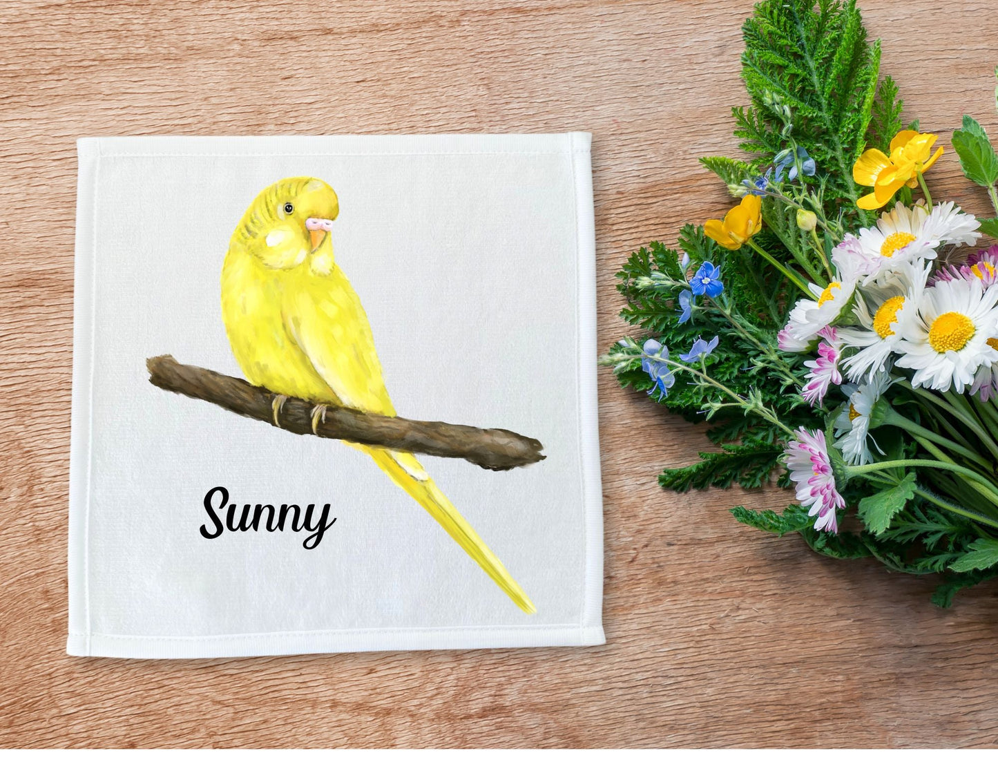 Yellow Budgie on Branch Washcloth - MerikaArt