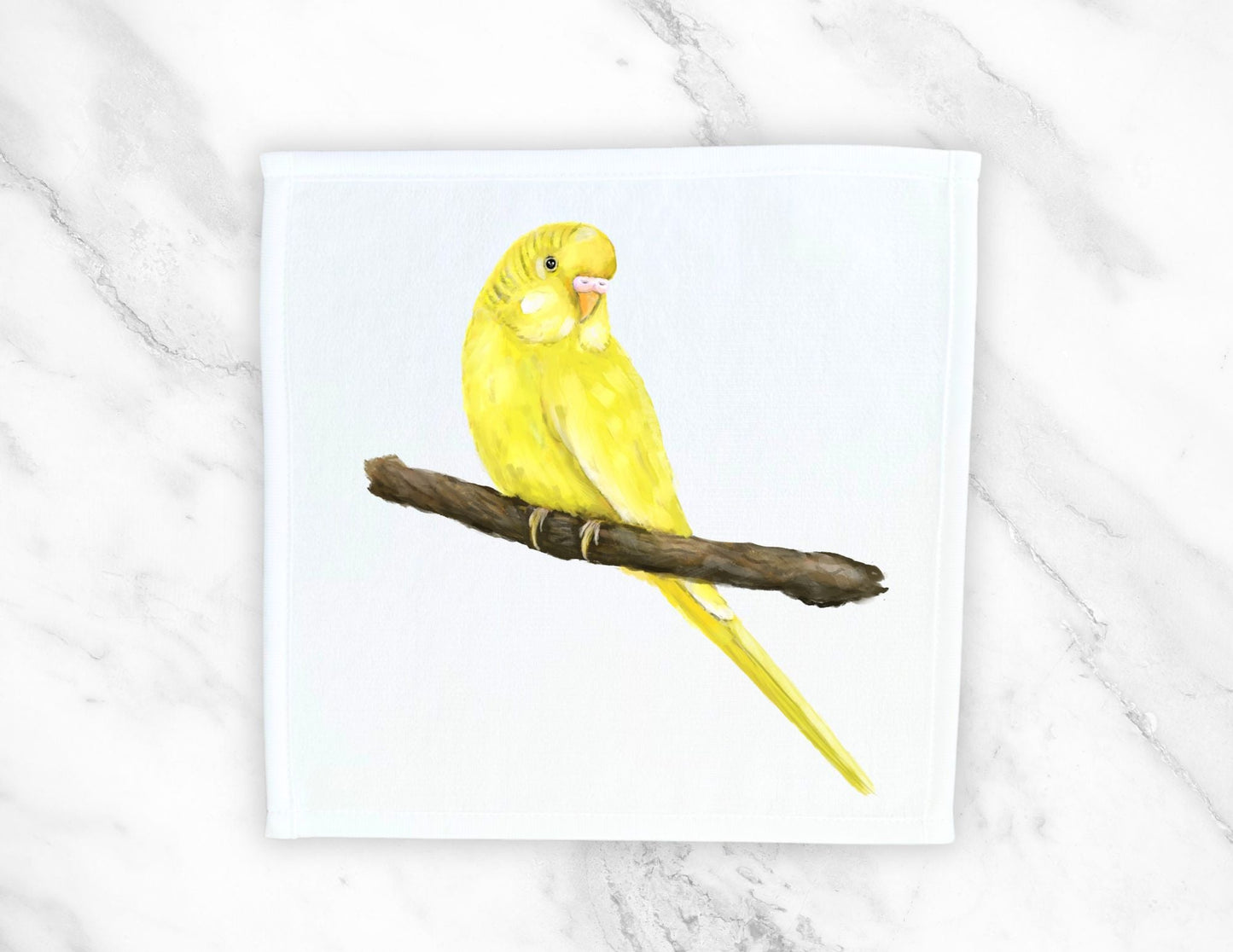 Yellow Budgie on Branch Washcloth - MerikaArt