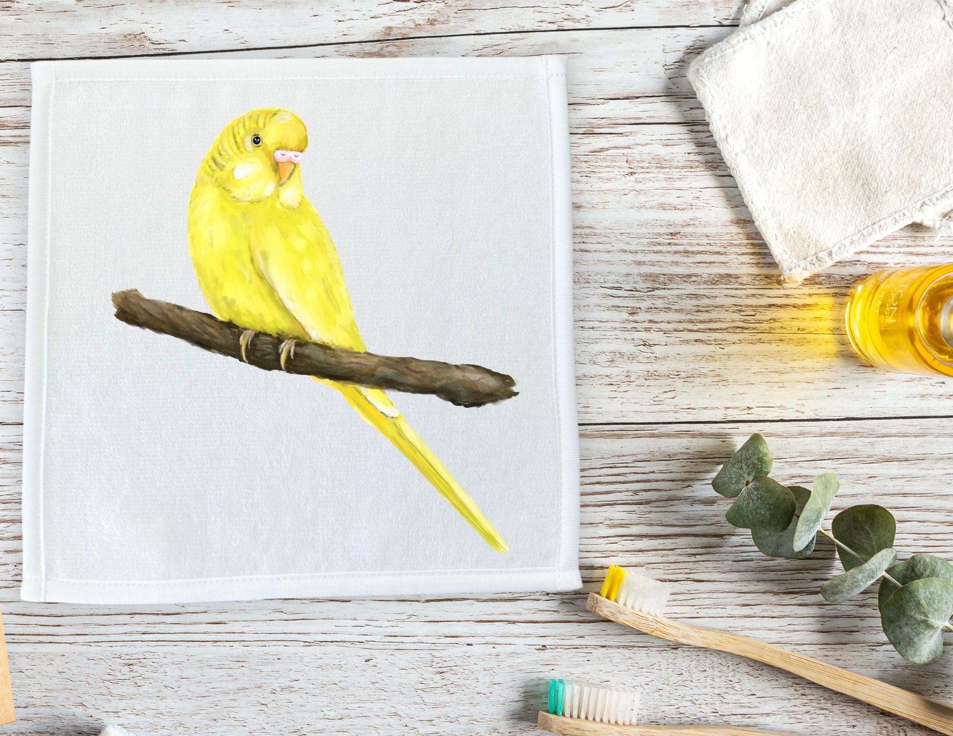 Yellow Budgie on Branch Washcloth - MerikaArt