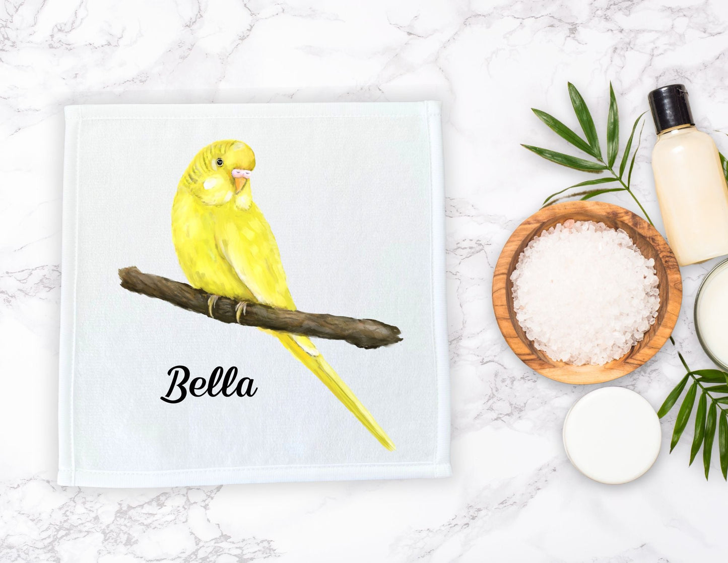 Yellow Budgie on Branch Washcloth - MerikaArt