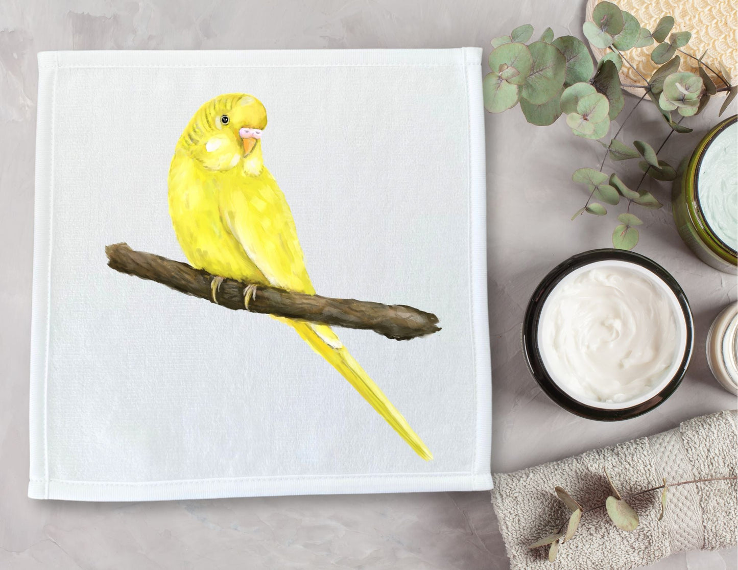 Yellow Budgie on Branch Washcloth - MerikaArt