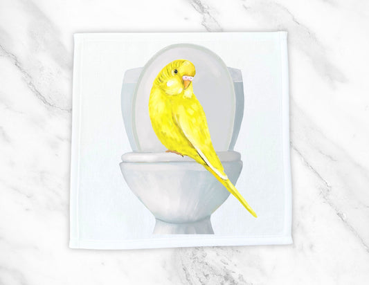 Yellow Budgie on Toilet Washcloth – Whimsical Bird Art - MerikaArt