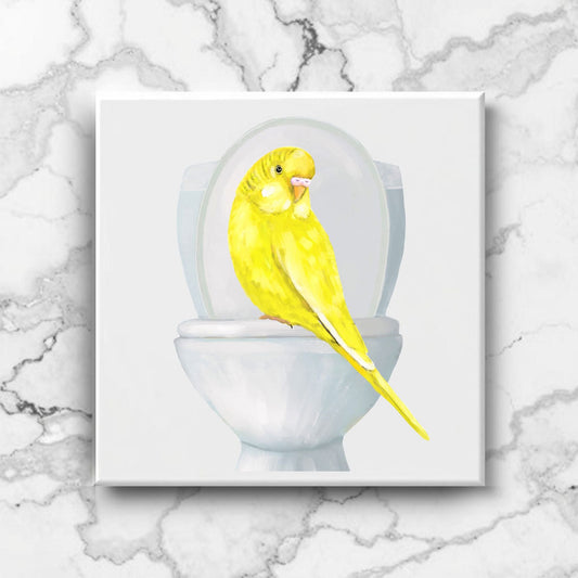 Yellow Budgie Toilet Ceramic Tile – Handcrafted Whimsical Decor - MerikaArt