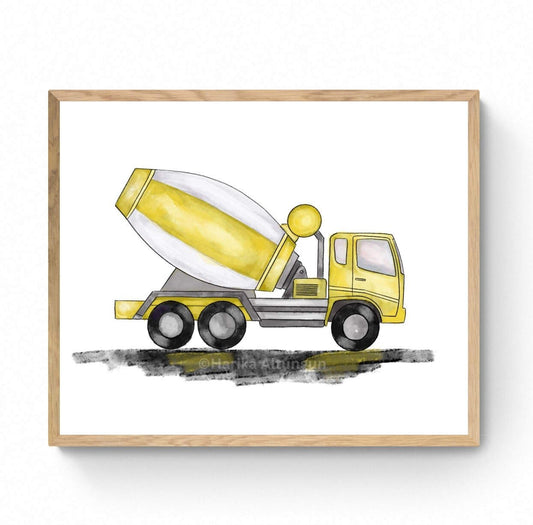 Yellow Cement Truck Print, Cement Truck Painting, Construction Nursery Art, Vehicles Print, Kids Wall Art, Boys Room Gift - MerikaArt