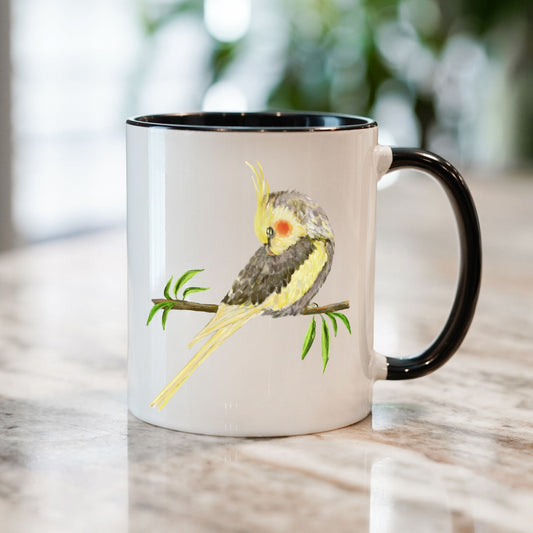 Yellow Cockatiel on Branch Ceramic Coffee Mug - MerikaArt