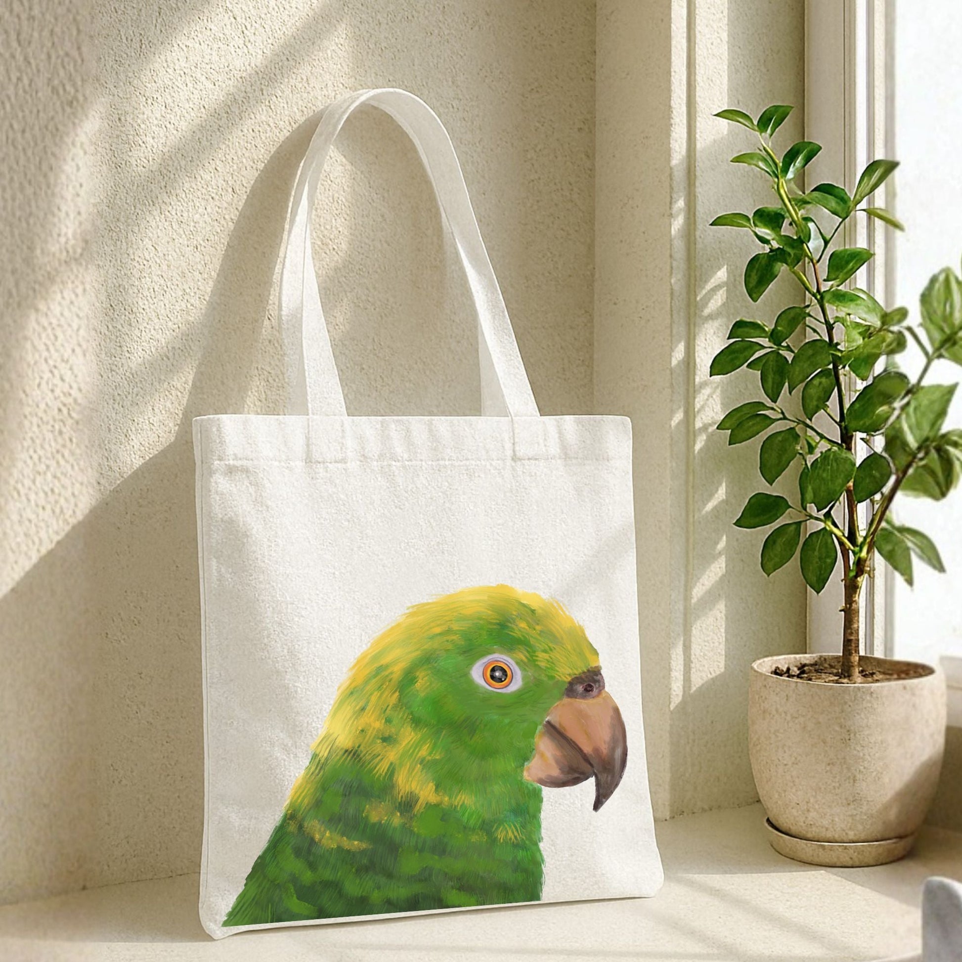 Yellow - Crowned Amazon Parrot Canvas Tote Bag - MerikaArt