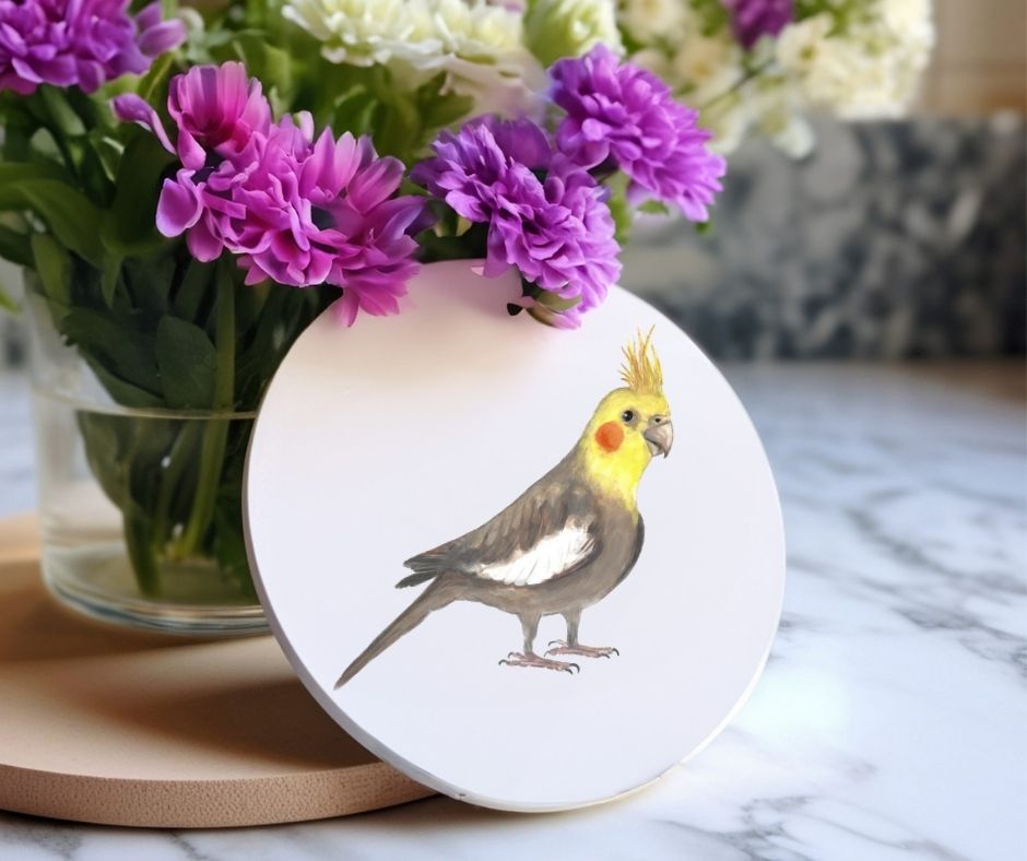 Yellow Faced Cockatiel Ceramic Coaster - MerikaArt