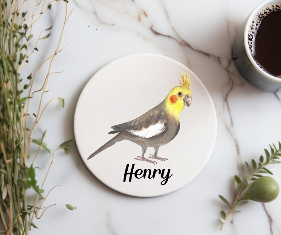 Yellow Faced Cockatiel Ceramic Coaster - MerikaArt