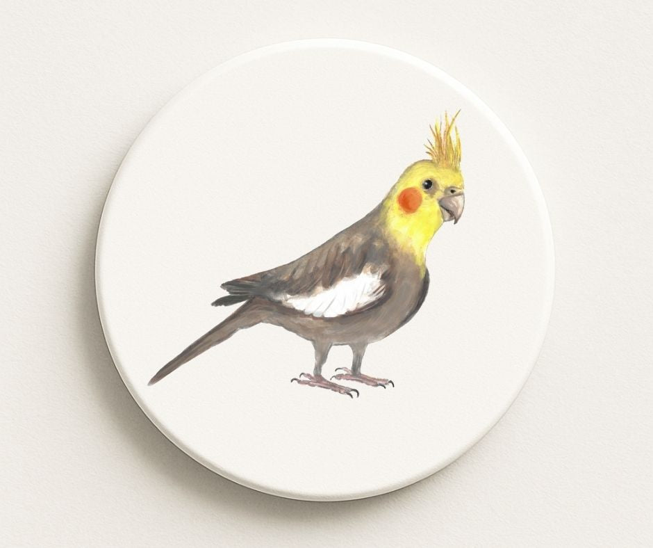 Yellow Faced Cockatiel Ceramic Coaster - MerikaArt