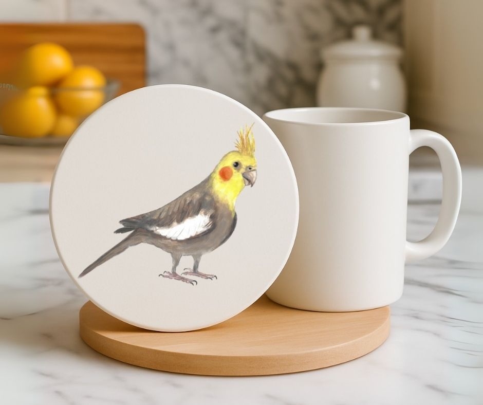 Yellow Faced Cockatiel Ceramic Coaster - MerikaArt