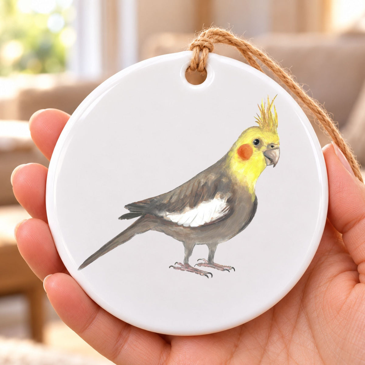 Yellow Faced Cockatiel Ceramic Ornament - MerikaArt