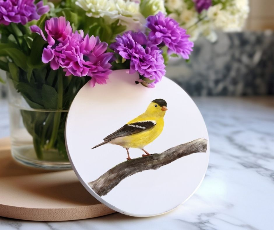Yellow Goldfinch Ceramic Coaster - MerikaArt