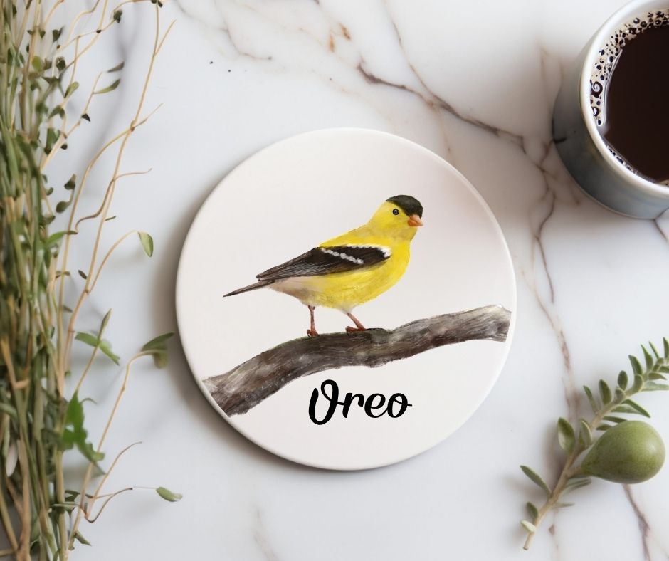 Yellow Goldfinch Ceramic Coaster - MerikaArt