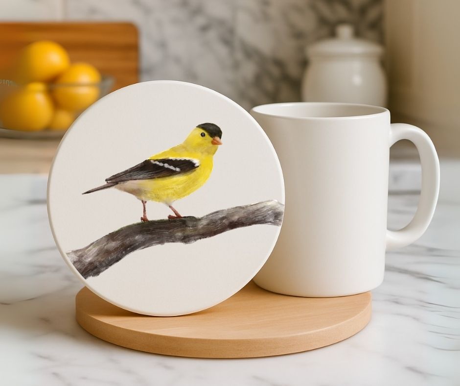 Yellow Goldfinch Ceramic Coaster - MerikaArt