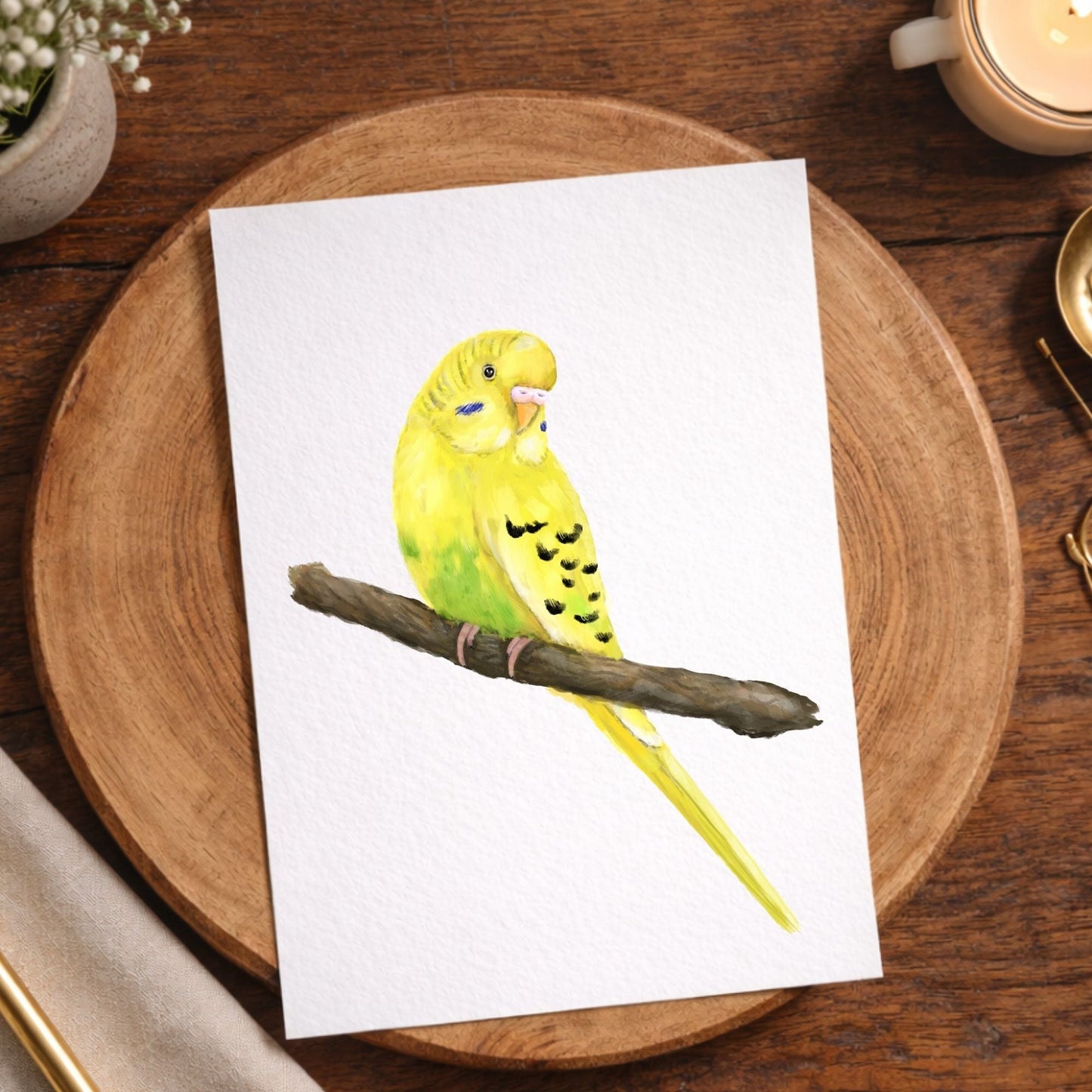 Yellow Green Budgerigar Postcard - MerikaArt