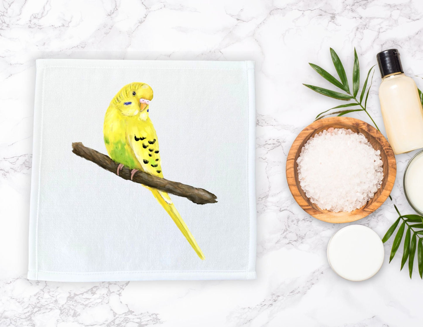 Yellow - Green Budgie Washcloth - MerikaArt