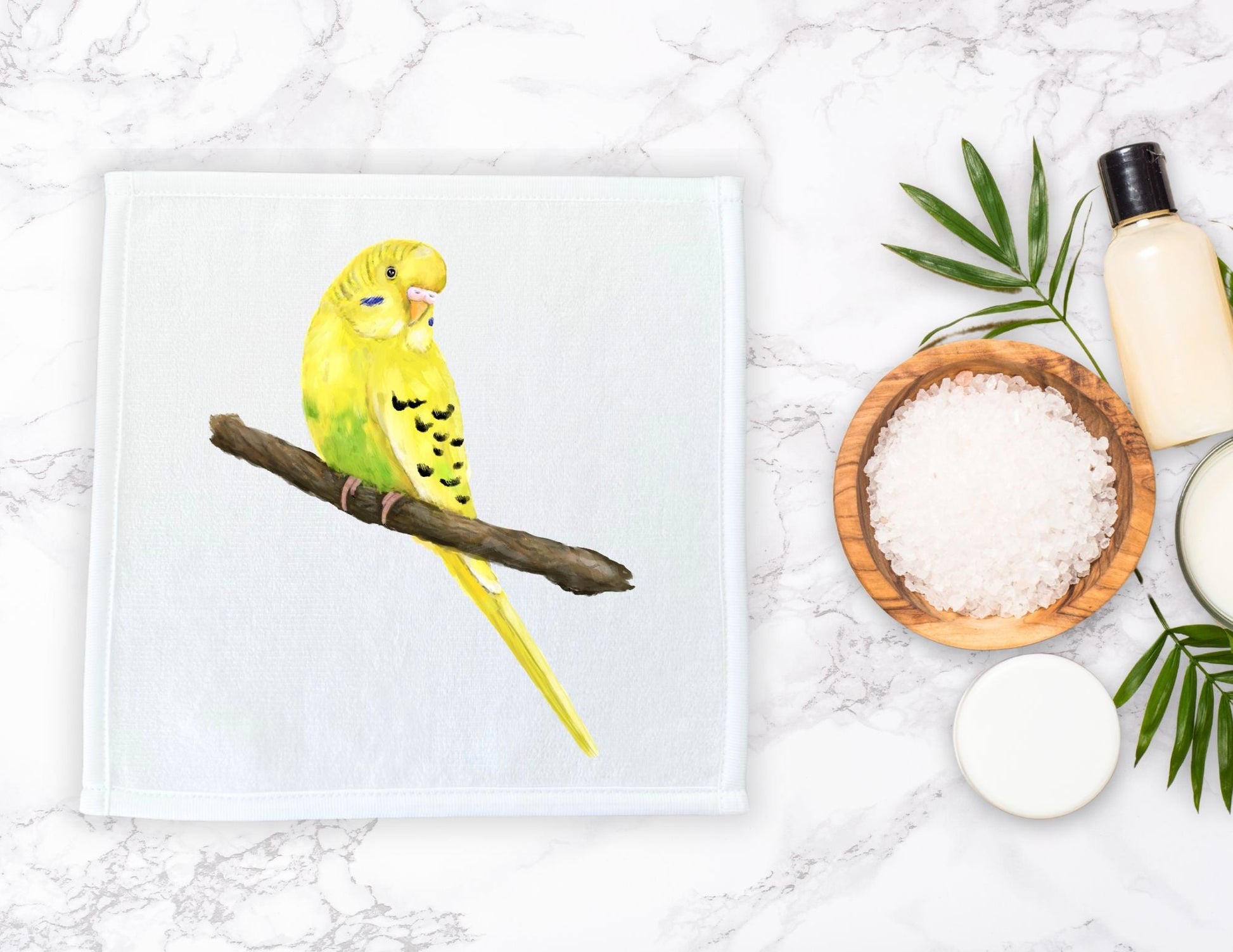 Yellow - Green Budgie Washcloth - MerikaArt