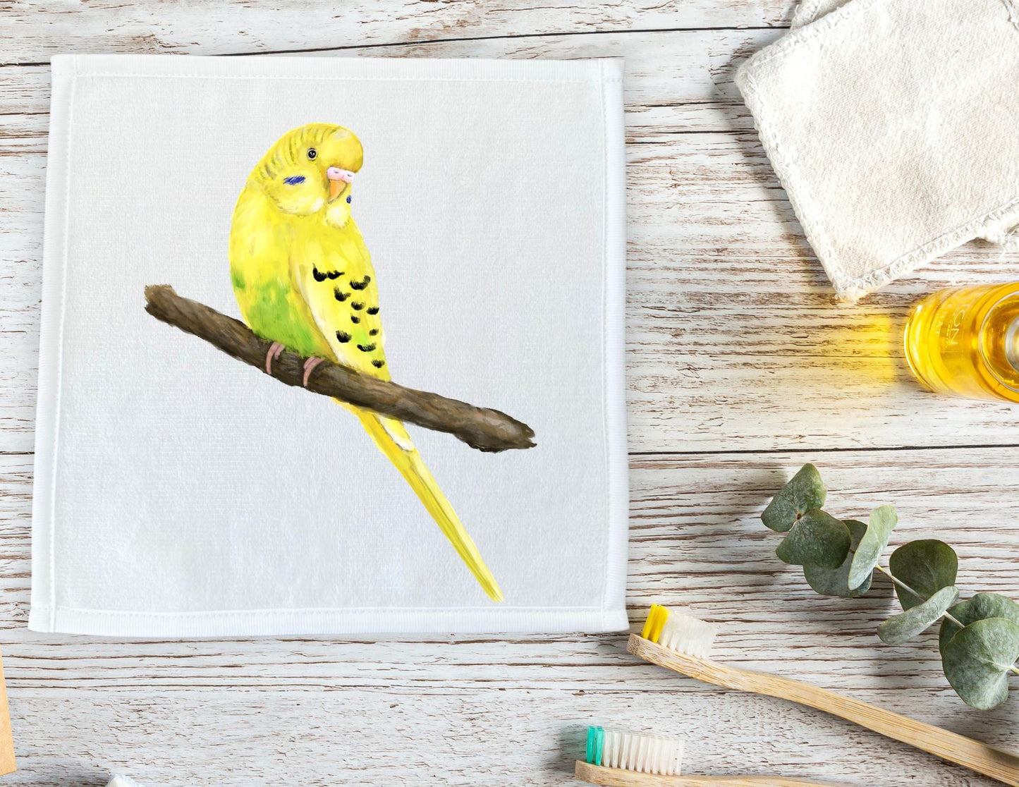 Yellow - Green Budgie Washcloth - MerikaArt