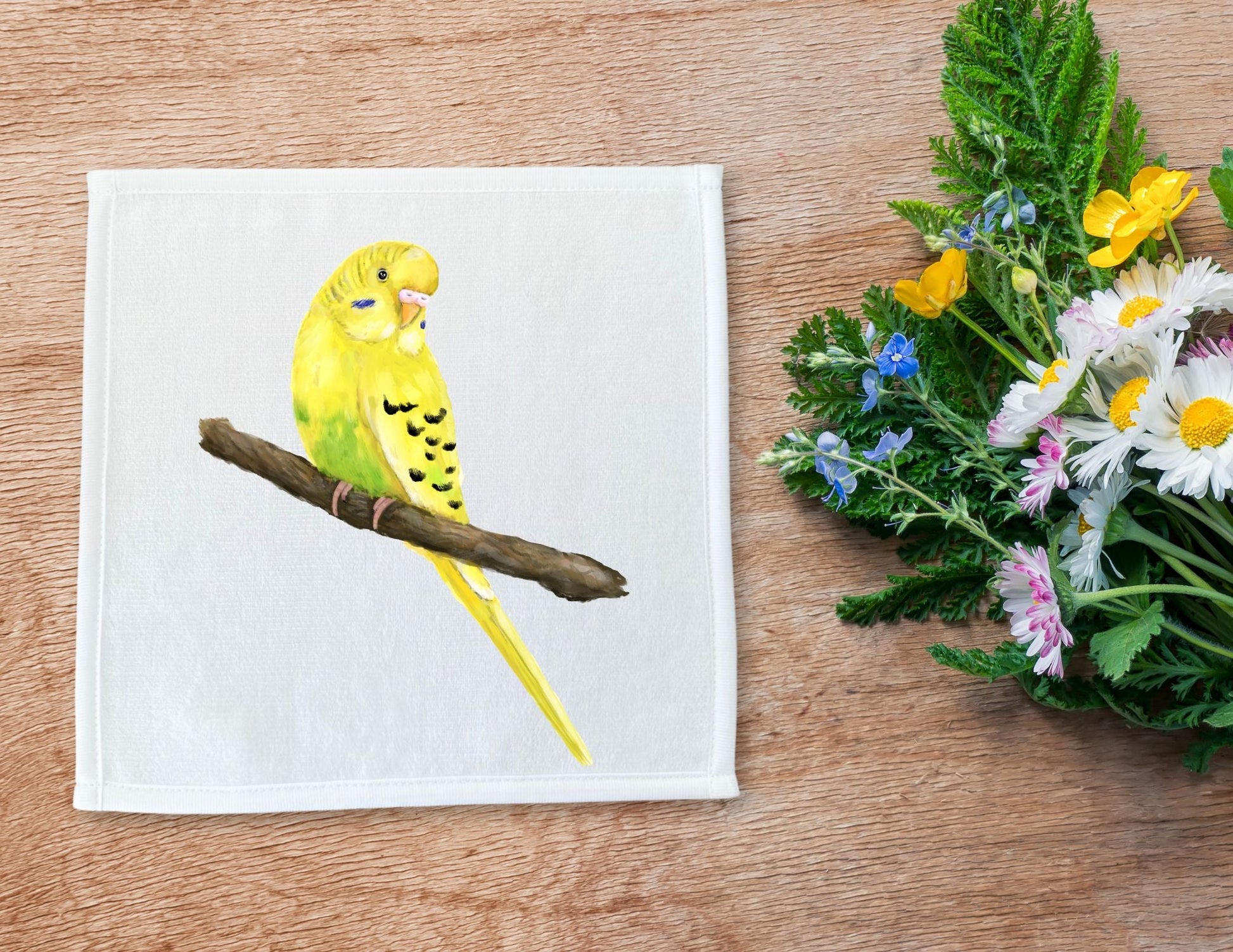 Yellow - Green Budgie Washcloth - MerikaArt