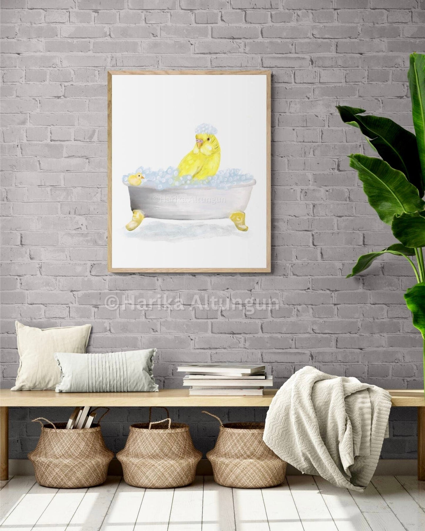 Yellow Parakeet Bathing Print, Budgie In Bathtub, Bathroom Wall Art, Bird Memorial Painting, Bird Relaxing In Bath Print, Bird Lover Art - MerikaArt