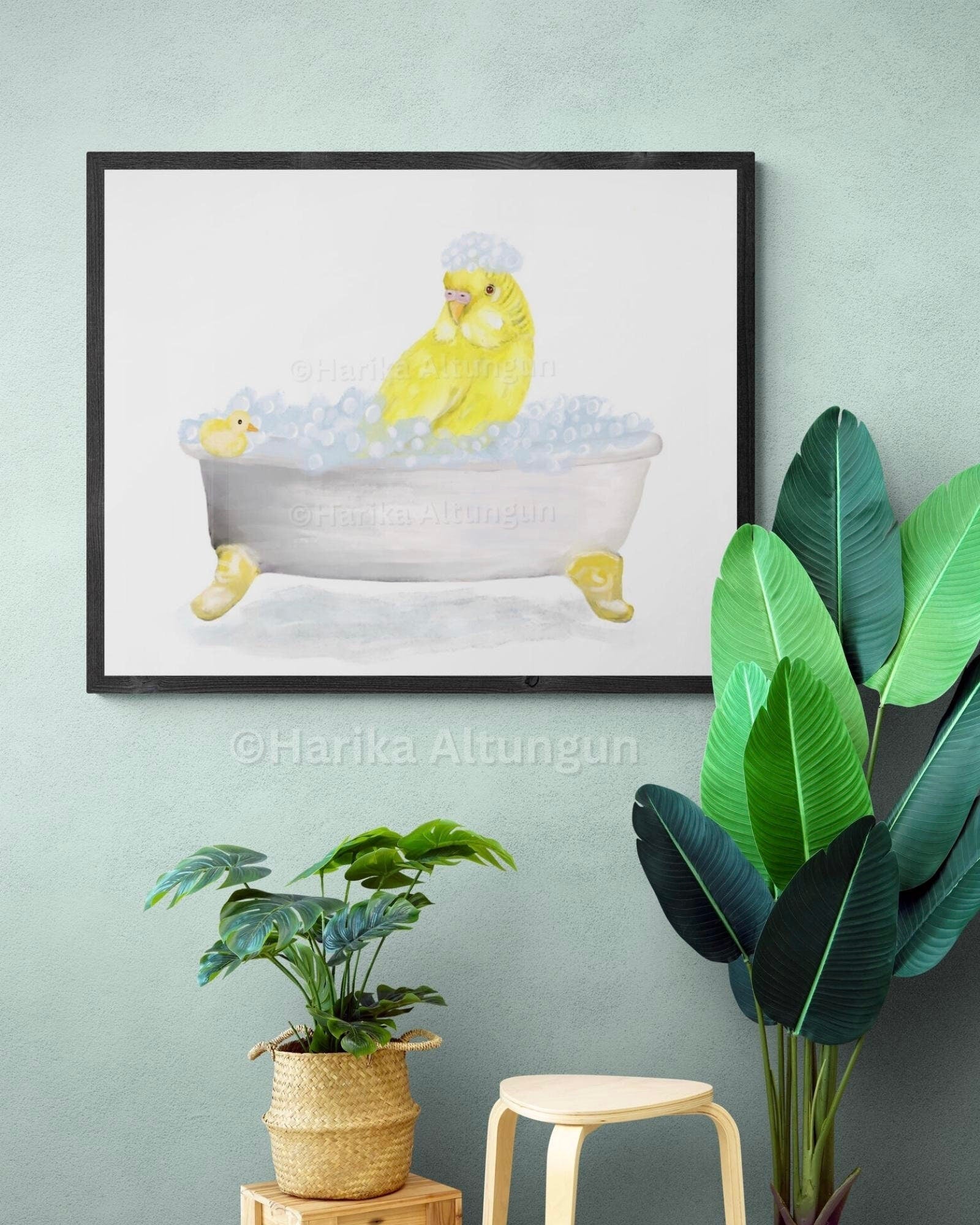 Yellow Parakeet Bathing Print, Budgie In Bathtub, Bathroom Wall Art, Bird Memorial Painting, Bird Relaxing In Bath Print, Bird Lover Art - MerikaArt