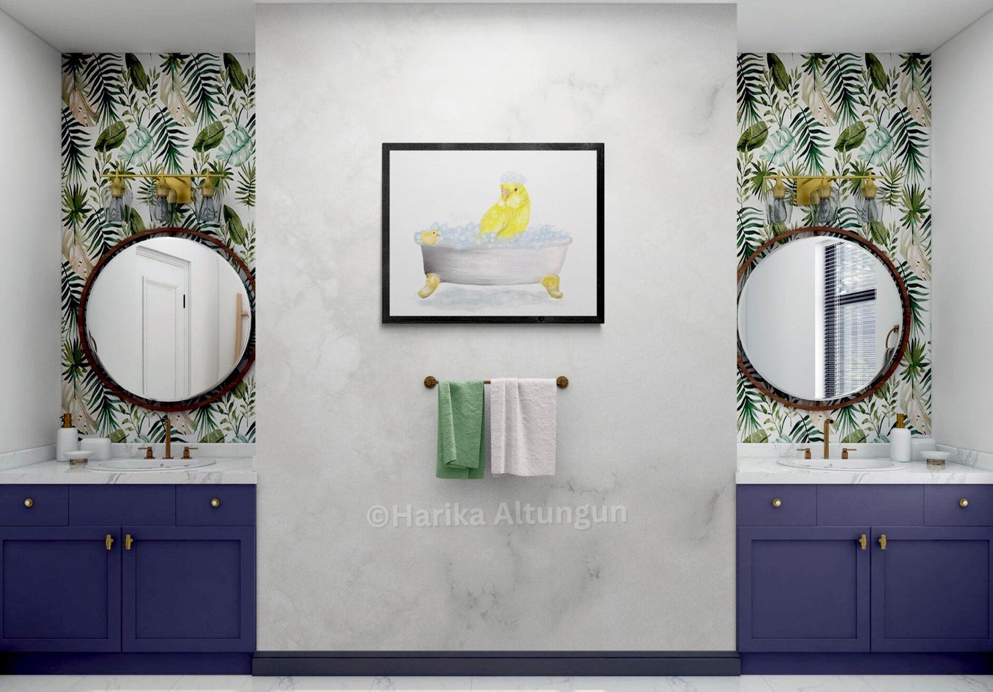 Yellow Parakeet Bathing Print, Budgie In Bathtub, Bathroom Wall Art, Bird Memorial Painting, Bird Relaxing In Bath Print, Bird Lover Art - MerikaArt