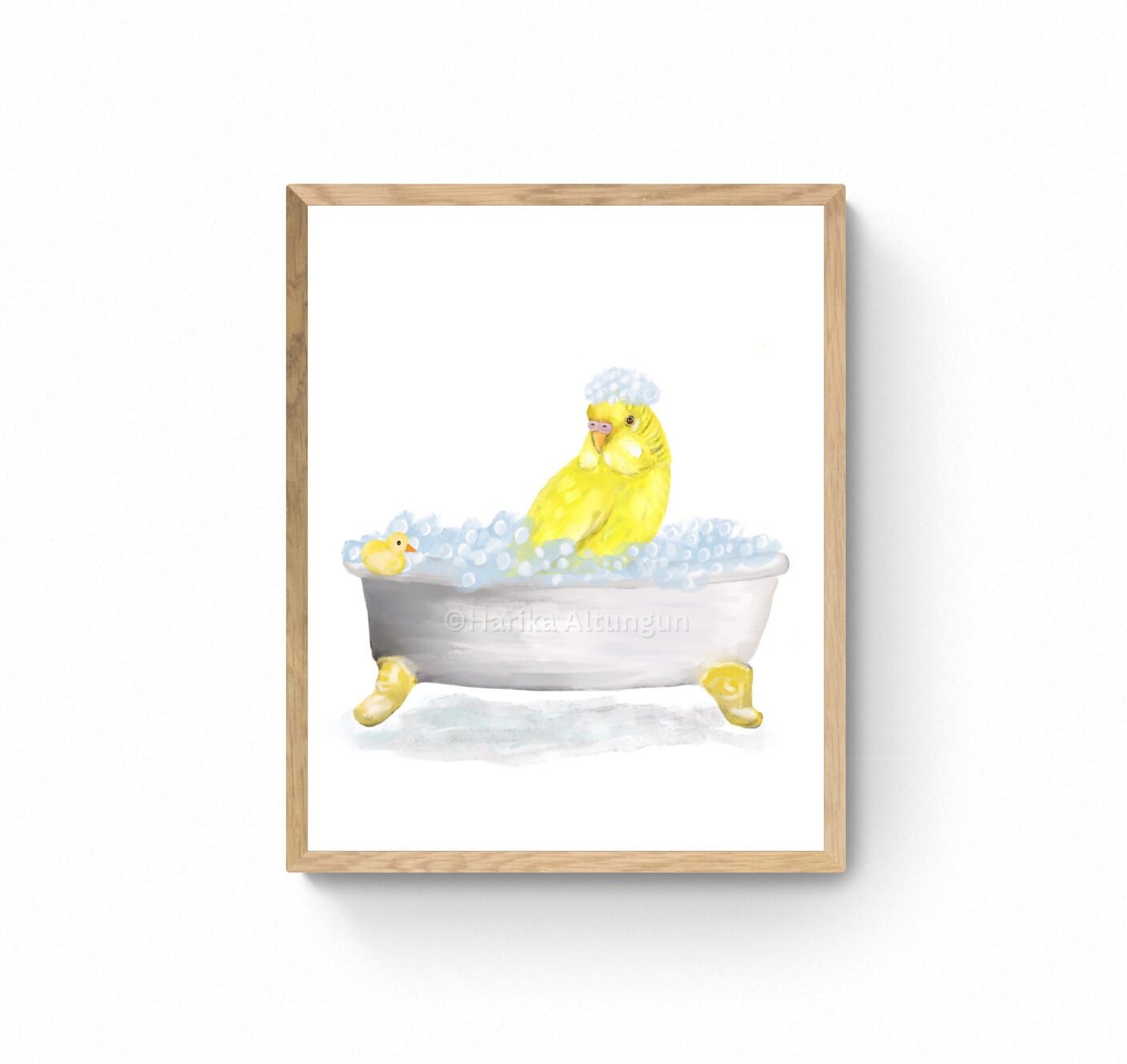 Yellow Parakeet Bathing Print, Budgie In Bathtub, Bathroom Wall Art, Bird Memorial Painting, Bird Relaxing In Bath Print, Bird Lover Art - MerikaArt