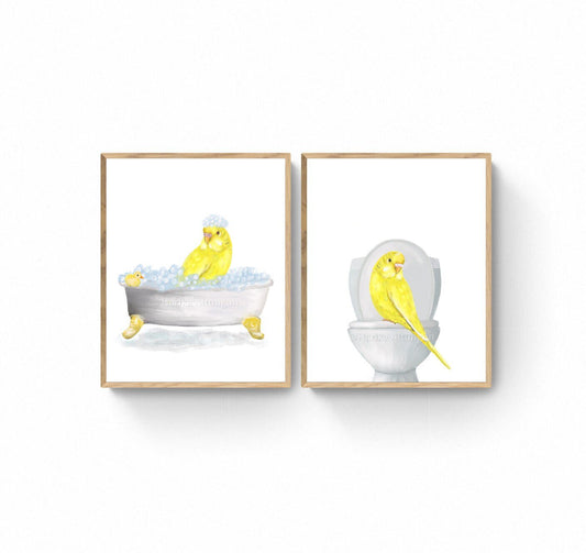 Yellow Parakeet In Bath Set of 2 Print, Budgie Artwork, Bathroom Wall Art, Bird Memorial Painting, Bird Relaxing In Bath Print, Bird Lover - MerikaArt