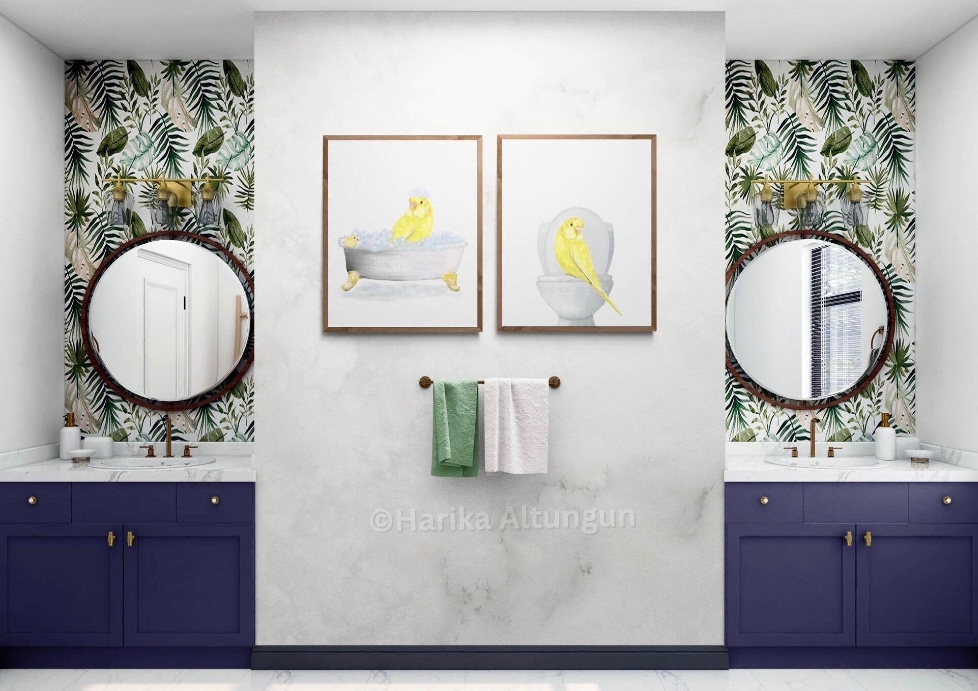 Yellow Parakeet In Bath Set of 2 Print, Budgie Artwork, Bathroom Wall Art, Bird Memorial Painting, Bird Relaxing In Bath Print, Bird Lover - MerikaArt