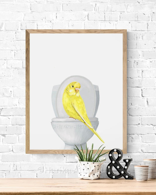 Yellow Parakeet On Toilet Print, Budgie Artwork, Bathroom Wall Art, Bird Memorial Painting, Bird Relaxing In Bath Print, Bird Lover Art - MerikaArt