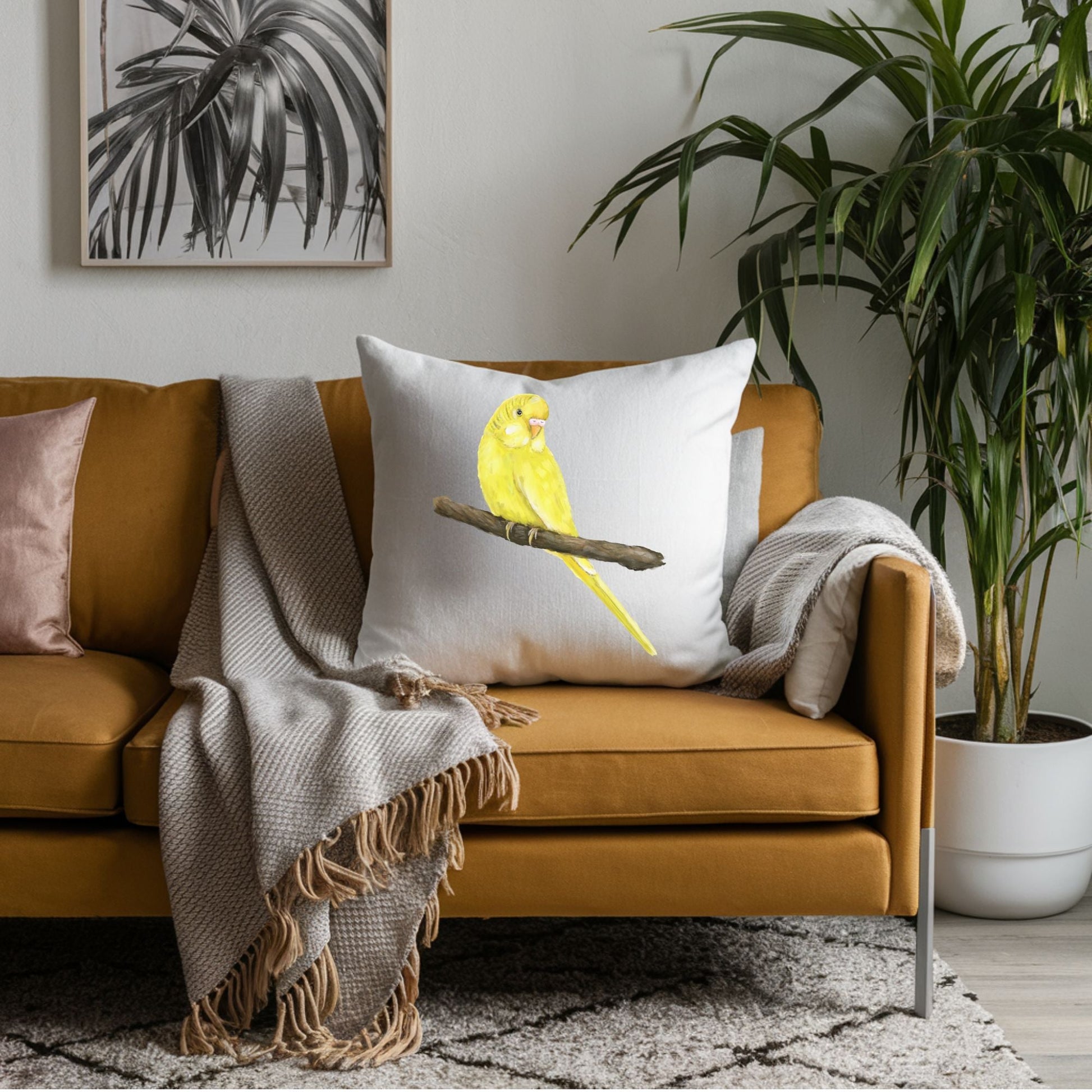 Yellow Parakeet Pillow - Nature Inspired Home Decor - MerikaArt