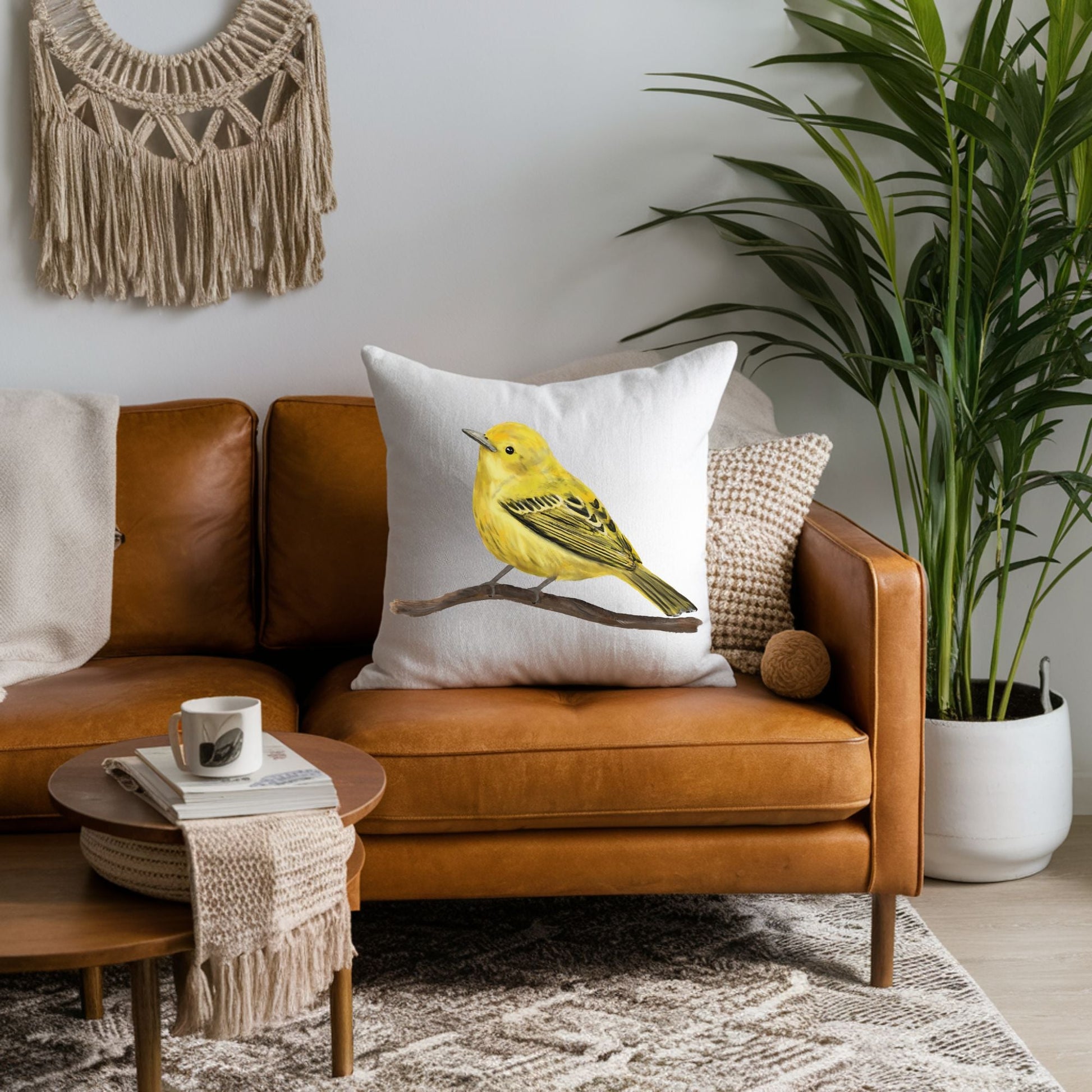 Yellow Warbler Bird Pillow - MerikaArt