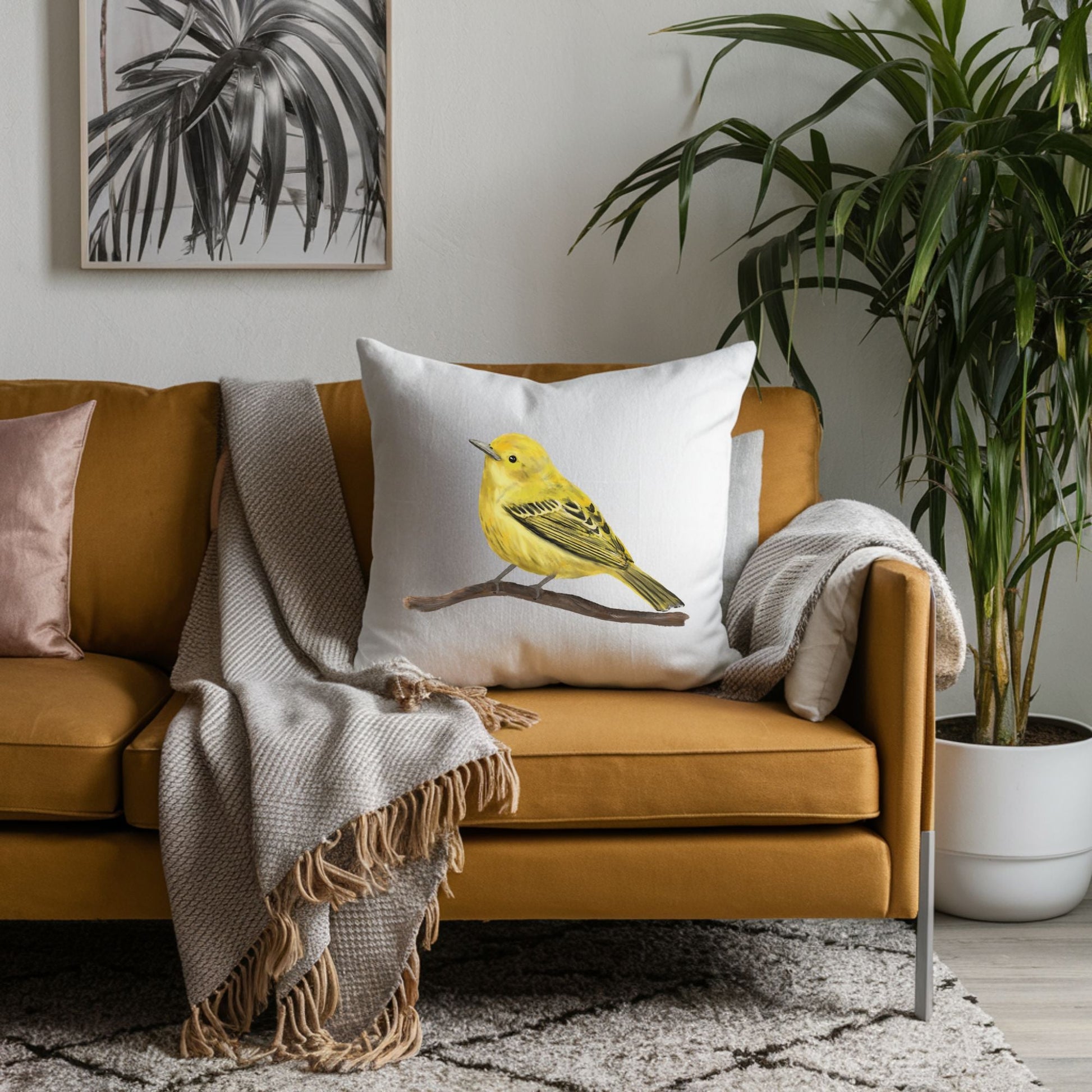 Yellow Warbler Bird Pillow - MerikaArt