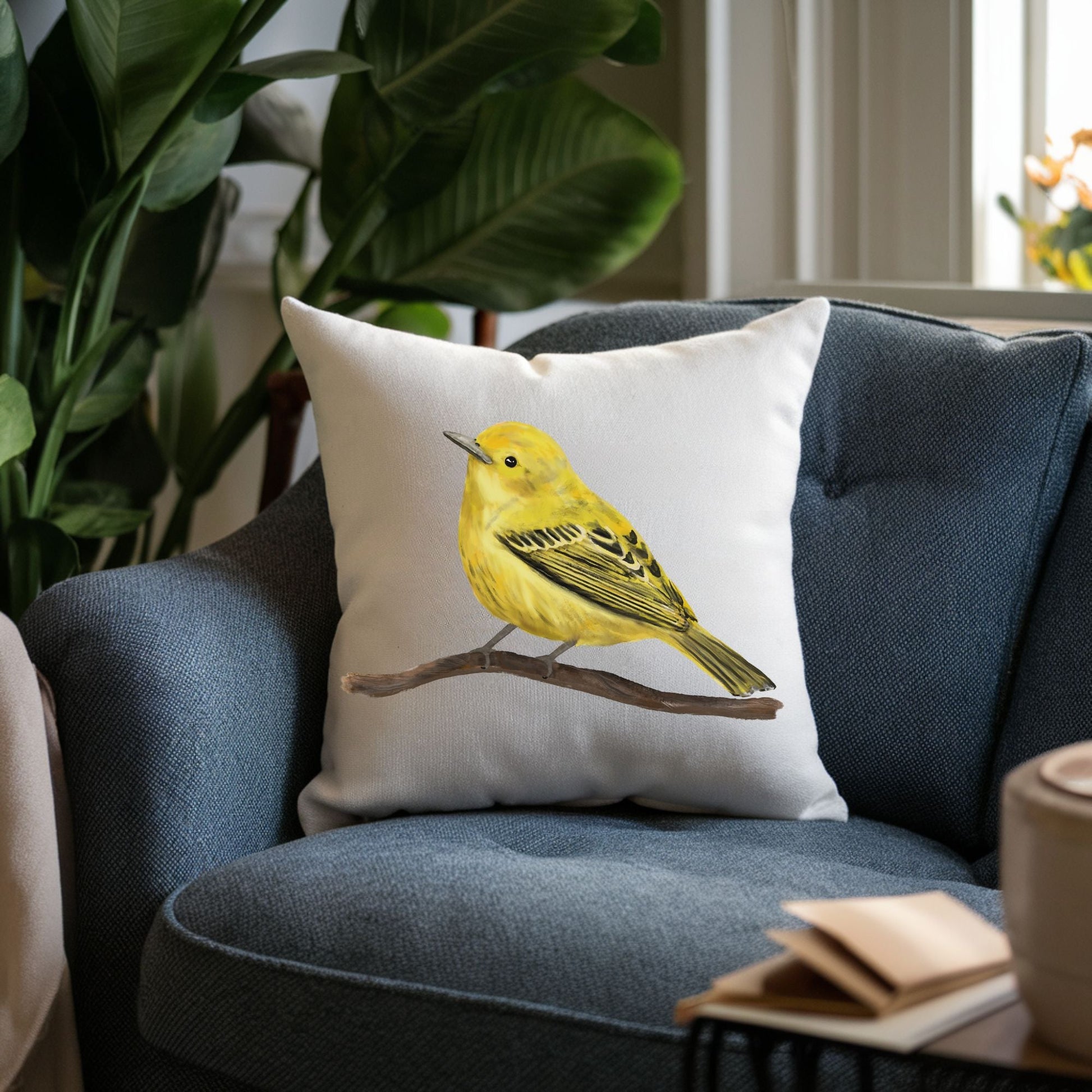 Yellow Warbler Bird Pillow - MerikaArt