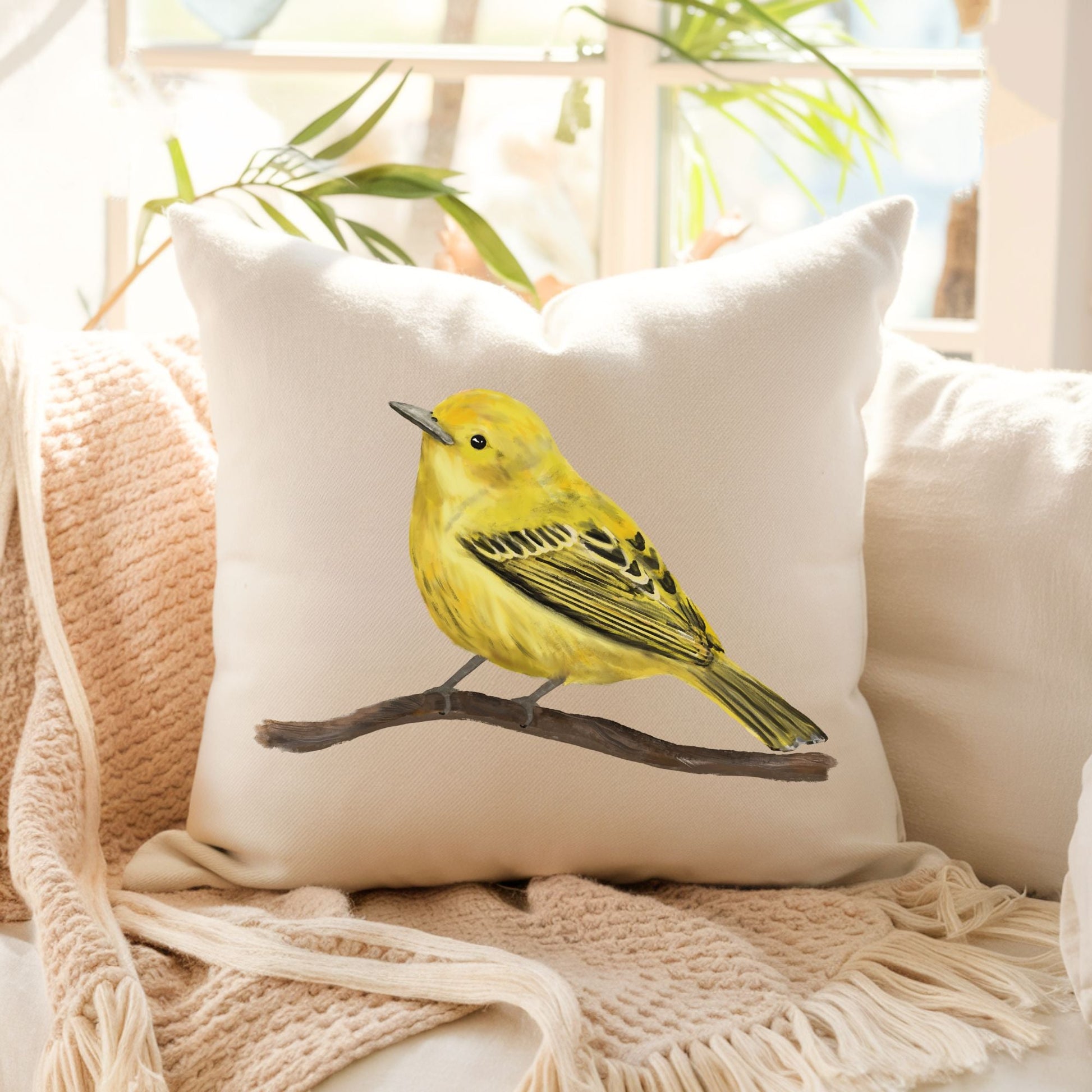Yellow Warbler Bird Pillow - MerikaArt