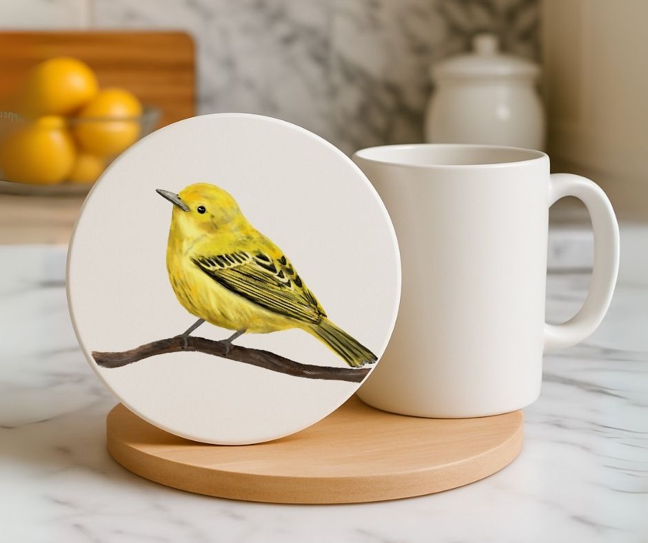 Yellow Warbler Ceramic Coaster - MerikaArt