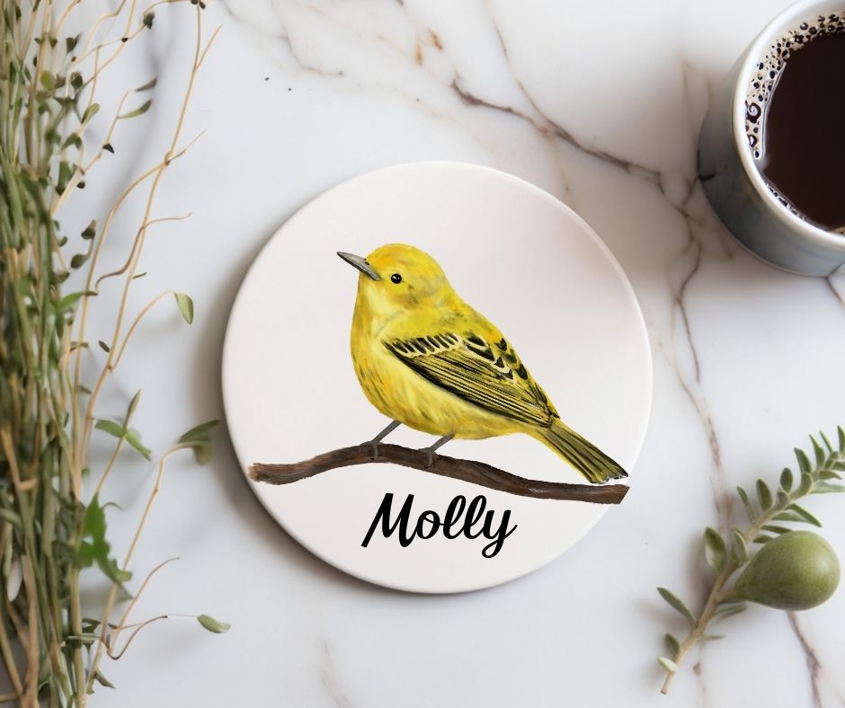 Yellow Warbler Ceramic Coaster - MerikaArt