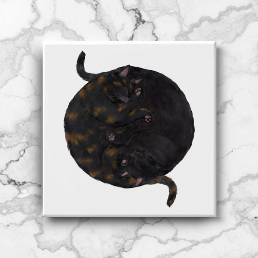 Yin and Yang Black and Tortie Cats Ceramic Tile - MerikaArt