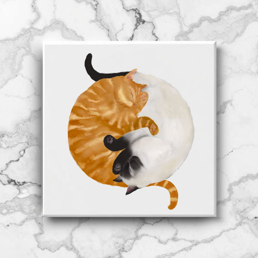 Yin and Yang Orange Tabby and Siamese Cats Ceramic Tile - MerikaArt