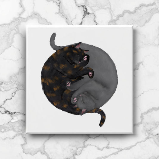 Yin and Yang Tortoiseshell and Gray Cats Ceramic Tile - MerikaArt