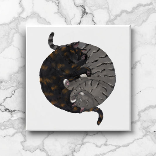 Yin and Yang Tortoiseshell and Tabby Cats Ceramic Tile - MerikaArt