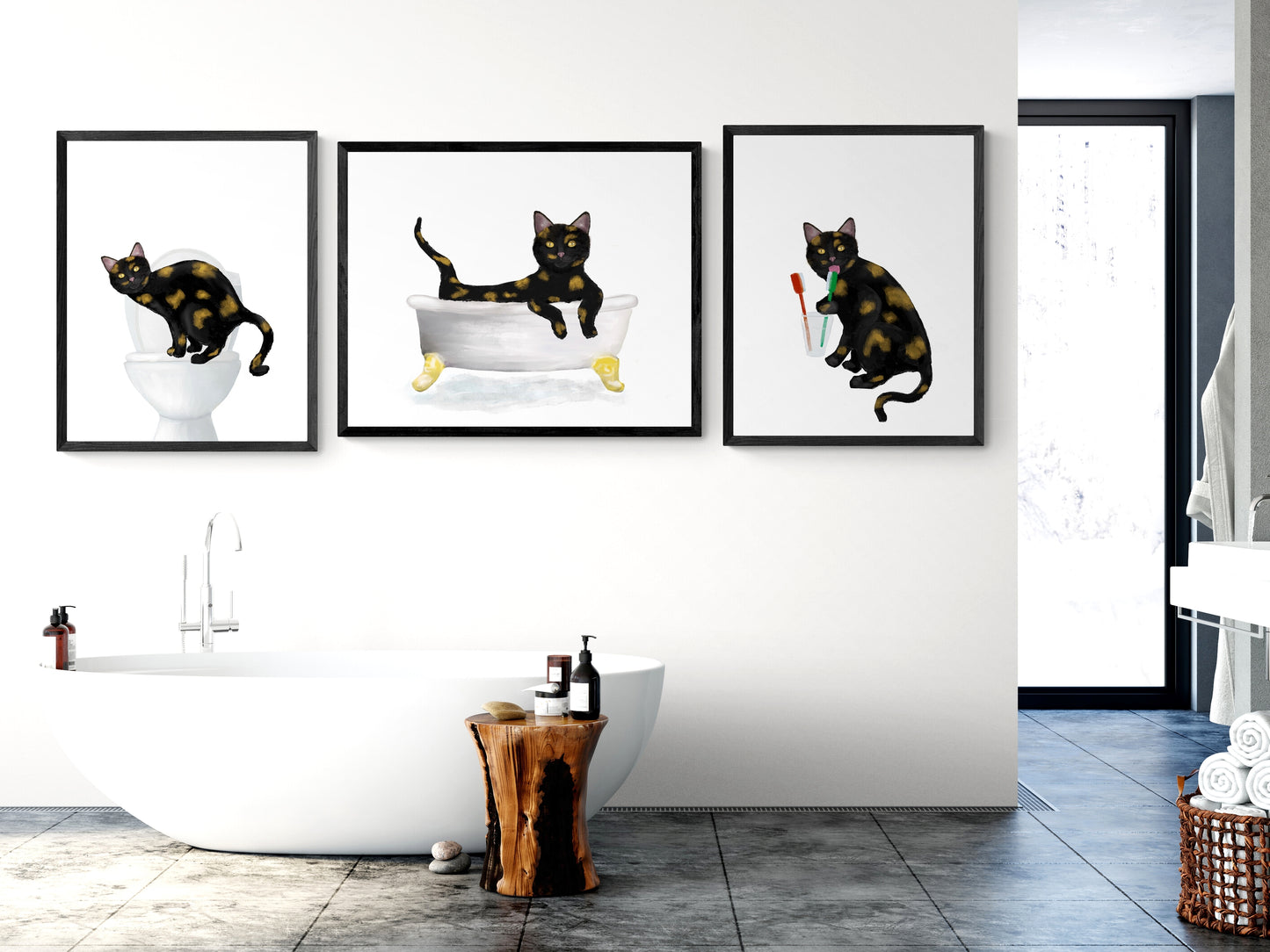 Set of 3 Tortie Cat Bathroom Wall Art