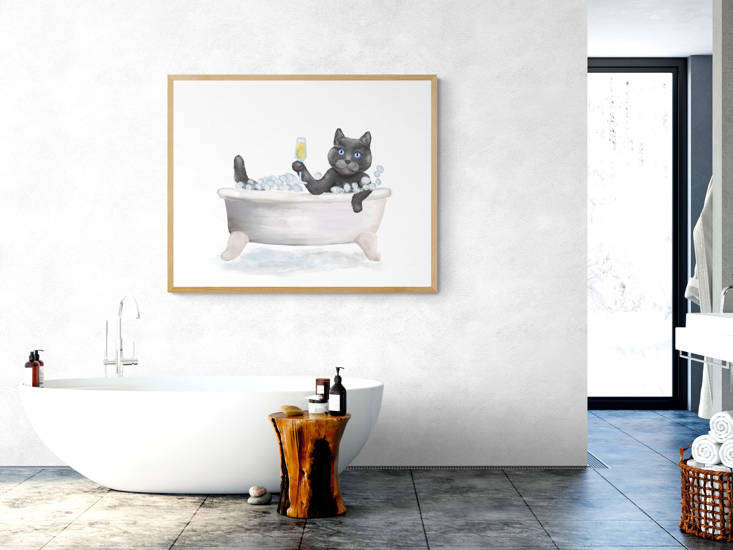 Gray Cat Bathing Print